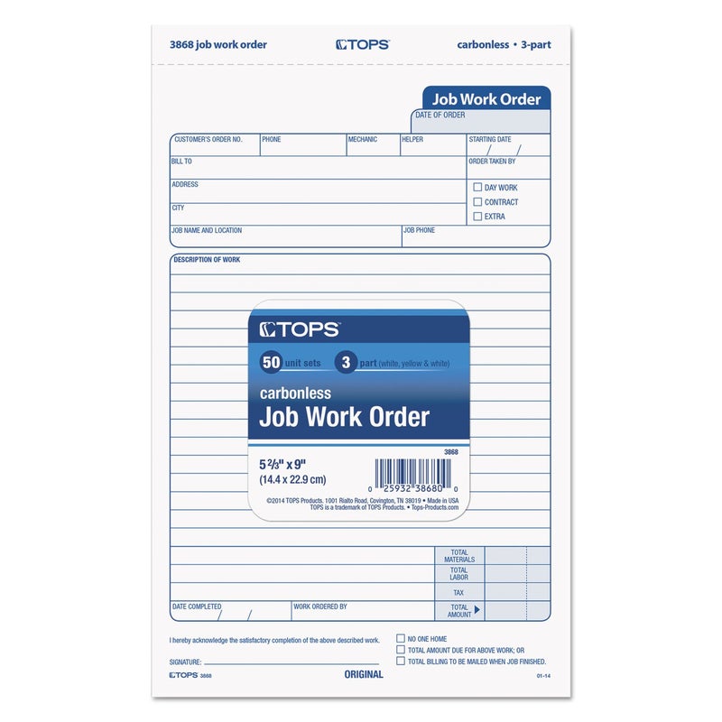 TOPS 3868 Snap-Off Job Work Order Form, 5 2/3" x 8 5/8", Three-Part Carbonless (Pack of 50 Forms) - Image 2